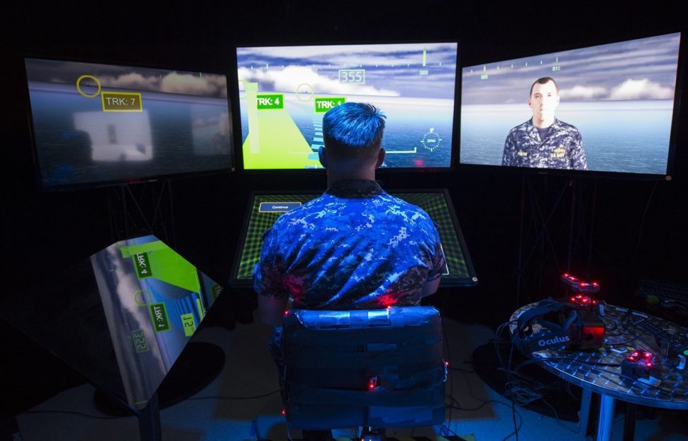 SAN DIEGO, California (Sep. 14, 2015) Lt. Jeff Kee explores the Office of Naval Research (ONR)-sponsored Battlespace Exploitation of Mixed Reality (BEMR) lab located at Space and Naval Warfare Systems Center Pacific. BEMR is designed to showcase and demonstrate cutting edge low cost commercial mixed reality, virtual reality and augmented reality technologies and to provide a facility where warfighters, researchers, government, industry and academia can collaborate. | U.S. Navy photo by John F. Williams | Released