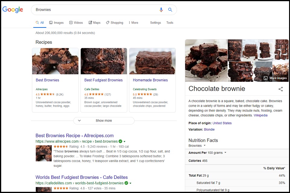 Google Search Featured Snippet for the keyword Brownies