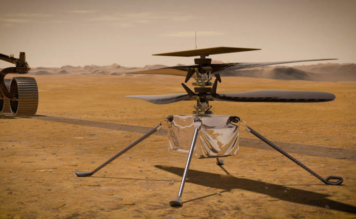 In this illustration, NASA's Ingenuity Mars Helicopter stands on the Red Planet's surface as NASA's Perseverance rover (partially visible on the left) rolls away.
Credits: NASA/JPL-Caltech